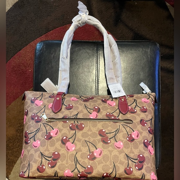 Coach Cherry Print Brown Tote Bag - Picture 4 of 7